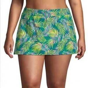 Land's End Plus Size Swim Skirt Tummy Control Panty Baltic Teal Palm Print 20W